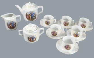 Zsolnay mitológiai jelenettel díszített, irizáló porcelán teáskészlet, 6 személyes, kanna, kiöntő, cukortartó, 6 db csésze aljakkal. Matricás, jelzett, minimális kopással