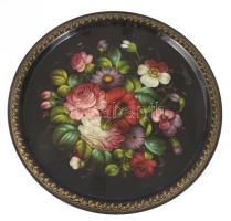 Tálca, Orosz, kézzel festett fém, jelzett, d: 50 cm