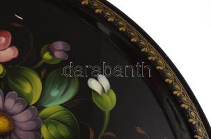 Tálca, Orosz, kézzel festett fém, jelzett, d: 50 cm