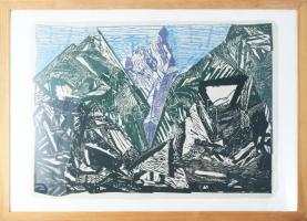 Butak András (1948-2021): River valley. Szitanyomat, papír, jelzett, 14/45 számozással. Plexiüvegezett fakeretben. 42,5×59 cm