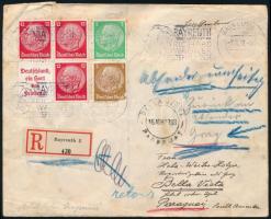 1938 Ajánlott levél Paraguayba, visszaküldve / Registered cover to Paraguay, returned "BAYREUTH...
