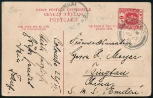 1913 Képeslap 2c + 6c bérmentesítéssel az S.M.S. Emden hajóra címezve / Postcard with 2c + 6c franki...