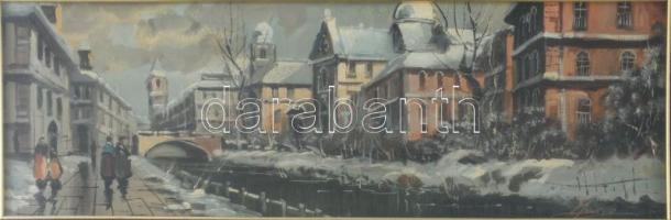 Favaro jelzéssel: Járókelők. Olaj, rézlemez. Dekoratív, üvegezett fakeretben, 18x50 cm