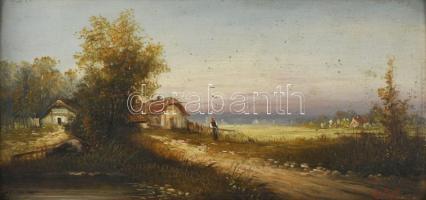 Olvashatatlan jelzéssel: Hazafelé. Olaj, fatábla. Dekoratív, sérült fakeretben, 15,5x31,5 cm