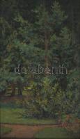 Basch Árpád (1873-1944): A fenyvesben, 1924. Olaj, fatábla. Jelezve balra lent, hátoldalán autográf felirattal. Dekoratív, sérült fakeretben, 21x12,5 cm