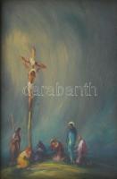 Gyügyei Nagy Zsigmond (1872-1932): Krisztus a keresztfán. Olaj, karton, jelzett, hátoldalán Gyügyei Nagy Zsigmond autográf ajándékozási soraival 1932-ből. Dekoratív, üvegezett fakeretben. 18,5x13,5 cm