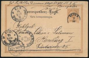1894 2kr díjjegyes levelezőlap Hamburgba, 4 db érkezési bélyegzéssel / 2kr PS-card with 4 arrival po...