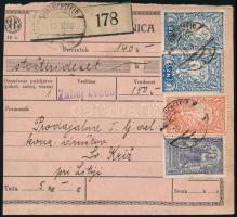 1920 Csomagszállító 4 bélyeggel / Parcel card with 4 stamps "KRANICHSFELD"