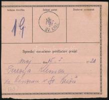 1920 Csomagszállító 4 bélyeggel / Parcel card with 4 stamps "KRANICHSFELD"