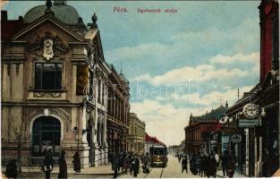 1916 Pécs, Irgalmasok utcája, Majláth tér, villamos, vendéglő, étterem, szálloda, Köszl János üzlete...