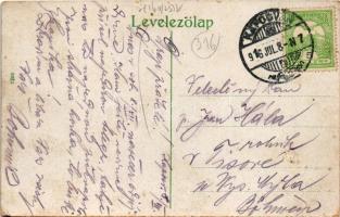 1916 Pécs, Irgalmasok utcája, Majláth tér, villamos, vendéglő, étterem, szálloda, Köszl János üzlete...