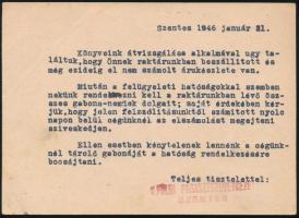 1946 (6. díjszabás) Ajánlott levelezőlap készpénzes bérmentesítéssel, visszaküldve / Registered post...