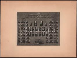 1943 Kassa, "Felszabadulásunk öt éves emlékére a kassai fth. [fűtőház] főnöksége és mozd.vez. [mozdonyvezető] kara 1938-1943", vasutas tablófotó, a kartonon saroktöréssel, 17,5x22,5 cm, karton: 30x39,5 cm