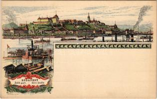 Budapest, Ezredéves Országos Kiállítás, Jobb part, Királyi vár, Lánchíd, gőzhajók. + barna 2 Kr Ga. ...