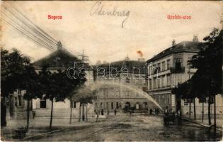 1908 Sopron, Újteleki utca, söröző, üzletek, locsolókocsi. Blum Náthán kiadása (fl)