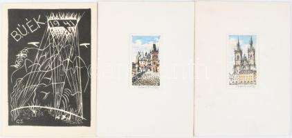 ca 1940-1980 5 db rézmetszetű és linómetszetű grafikát bemutató üdvözlőlap, némelyik jelzett