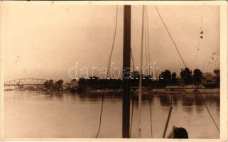 Komárom, Komárno; látkép hajóról, híd / view from a boat, bridge. photo (kis szakadás / small tear)