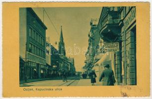 1941 Eszék, Essegg, Osijek; Kapucinska ulica / Kapucinus utca, templom, üzletek. Hátoldalon horvát n...