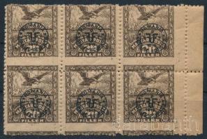 Debrecen II. 1920 20f közönséges papíron ívszéli hatostömbben, elfogazva (foltok) / Mi 83x margin block of 6 with shifted perforation. Signed: Bodor