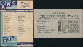 2 db rekámlap - Hutter ABC színszappan mosási jegyzék, Redő Ignác celluloidáru gyár