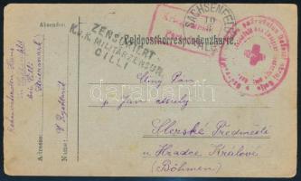 1916 Tábori posta levelezőlap vöröskeresztes bélyegzéssel, osztrák cenzúrával / Field postcard with ...