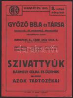 1927 Bp., Győző Béla és Társa Szivattyúk és azok tartozékai 8. számú árjegyzéke, ázásnyomokkal, 75p