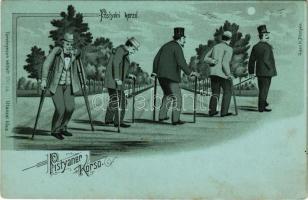 Pöstyén, Piestany; Pöstyéni korzó este holdfényben. Humoros lap fürdővendégek javulásával / corso at...