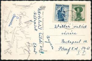 cca 1954? NB II. válogatott labdarúgóinak aláírása egy bécsi képeslapon, Kohut, Rendek, Orosz, Horvá...