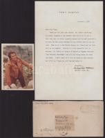 Tony Curtis (1925-2010) színész aláírása az őt ábrázoló fotón, titkárnője által küldött levél + boríték