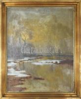 Bánsághi Vince (1881-1960): Atmoszférikus táj. Olaj, vászon, jelzett. Restaurált. Apró felületi sérülésekkel. Dekoratív fakeretben. 77×61,5 cm