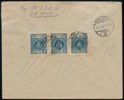 1925 Ajánlott levél Berlinbe elfogazott hármascsíkkal / 20gr stripe of 3 with shifted perforation on...