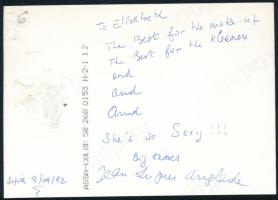 Jean-Hugues Anglade (1955-) francia színész, filmrendező autográf aláírása és sorai őt ábrázoló fotón, 9x12,5 cm / Autograph signed photo of Jean-Hugues Anglade (1955-) French actor and film director