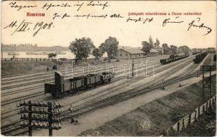 1908 Komárom, Komárno; Jobb parti teherállomás, vagonok, a háttérben több dunai vízi hajómalom / fre...