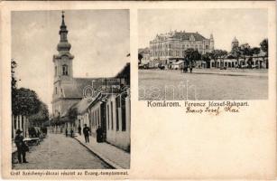 1921 Komárom, Komárno; Gróf Széchenyi utcai részlet a evangélikus templommal, Ferenc József rakpart,...