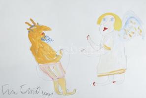 Für Emil (1967-): Angyal és ördög, 2001. Ceruza, akril, papír, jelzett, 37,5×52,5 cm