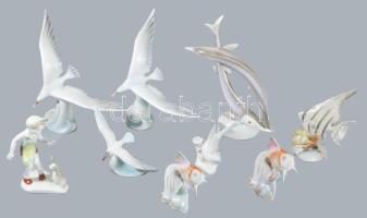 9 darab magyar porcelán figura, közte Zsolnay madár, Drasche hal, Hollóházi sirályok, stb.