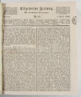 1836 Allgemeine Zeitung c. német nyelvű hírlap 92-186 számai egybe kötve. mind újság szignettával jó állapotban. Korabeli kartonált papírkötésben   1836 Allgemeine Zeitung German newspaper issues 92-186 bound together. All with newspaper signet in good condition.