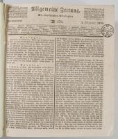 1836 Allgemeine Zeitung c. német nyelvű hírlap 275-366 számai egybe kötve (október-december). mind újság szignettával jó állapotban. Korabeli kartonált papírkötésben 1836 Allgemeine Zeitung German newspaper issues October-December bound together. All with newspaper signet in good condition.
