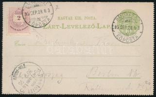 1895 3kr díjjegyes zárt levelezőlap 2kr díjkiegészítéssel, hátoldalon millenniumi levélzáróval, Berl...