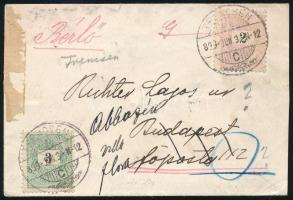 1899 2kr és 3kr levélen Budapestre, majd továbbküldve Abbáziába "TRENCSÉN" / 2kr + 3kr on ...