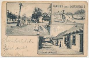 1906 Dimvár, Dimburg, Suchohrad; Fő tér, halász hálóval, Zubek vendéglője / Gasthaus / main square, ...