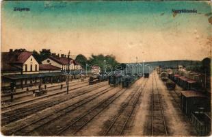 Zólyom, Zvolen; Nagy állomás, vasútállomás, vonatok / railway station, train (tűnyomok / pinmarks)