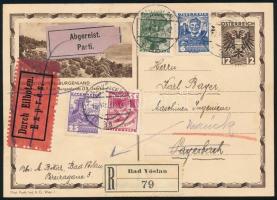 1937 Expressz ajánlott díjjegyes levelezőlap 70gr díjkiegészítéssel, visszairányítva / Registered ex...