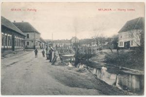 1912 Miava, Myjava; Horny konec / Felvég, utcakép, fahíd / street view, wooden bridge (EK)