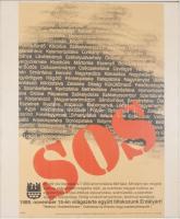 1988 "SOS. Itt 149 név képviseli a 7000 lerombolásra ítélt falut. Minden név mögött száz és száz emberi tragédia rejlik, az ezeréves magyar kultúra, az egyetemes európai értékek elpusztulása, száműzetés, a szerettek sírjainak felszántása, földig rombolt templomok, elnémult zsoltárok. 1988. november 15-én világszerte együtt tiltakozunk Erdélyért! Tiltakozz! Kezdeményezz! Csatlakozz és értesíts, hogy csatlakozhassunk!" Erdélyi falurombolás elleni tiltakozás plakátja, New York, Hungarian Human Rights Foundation, modern keretben, 59x40 cm, keret: 60,5x50 cm