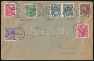 1914 Hétbélyeges színes bérmentesítésű levél krakkói cenzúrával, a bélyegzésekben kézírásos dátummal...
