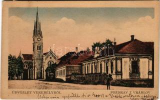 1920 Verebély, Vráble; utcakép, templom / street, church (EB)