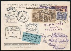 1933 Légi levelezőlap különböző WIPA alkalmi bélyegzésekkel / Airmail postcard with special cancella...