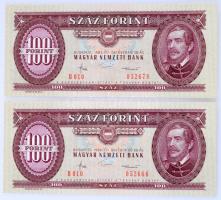 1984. 100Ft (2x) közeli sorszámok "B 010 052666" és "B 010 052678", utóbbi bankjegy hátoldalán jobbra eltolódott nyomattal: az alapnyomat nem érinti a hátoldali kép, illetve a "SZÁZ FORINT" szövegmező baloldalát T:AU,XF Adamo F35