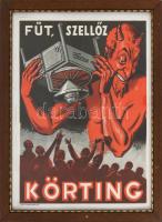 1929 "Fűt, szellőz, Körting." Körting B. és E. Rt. kalorifer kereskedő reklámja, jelzett a dúcon (Kun S. 1929), Bp., Auer-ny., hajtott, modern üvegezett fa keretben, 30x22 cm, keret: 35x27 cm